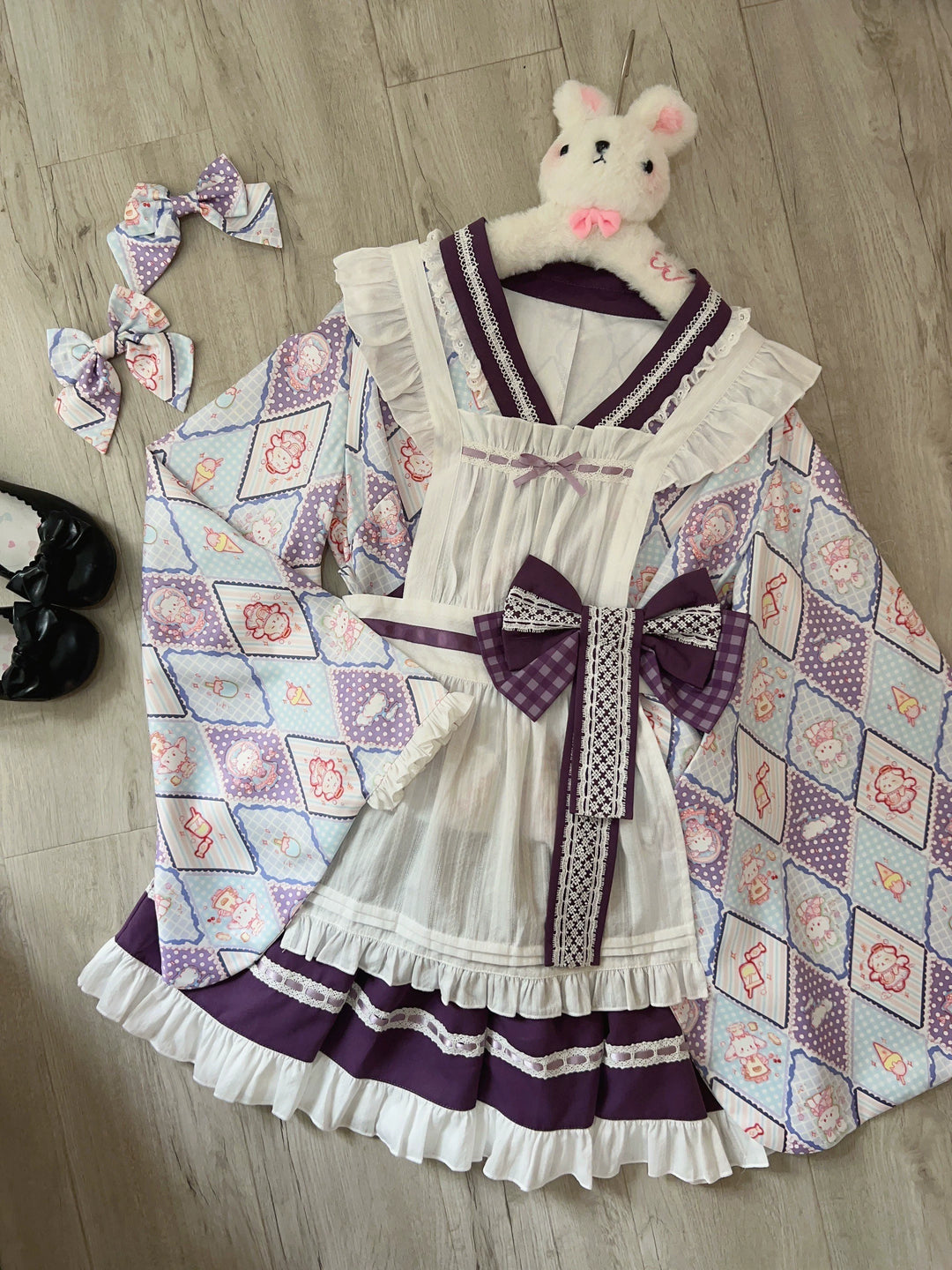 Sugar Girl~Showa Sweetness~Maid Wa Lolita Skirt Set Cute Summer Lolita Bow Apron S Red skirt + top + apron + waist bow 