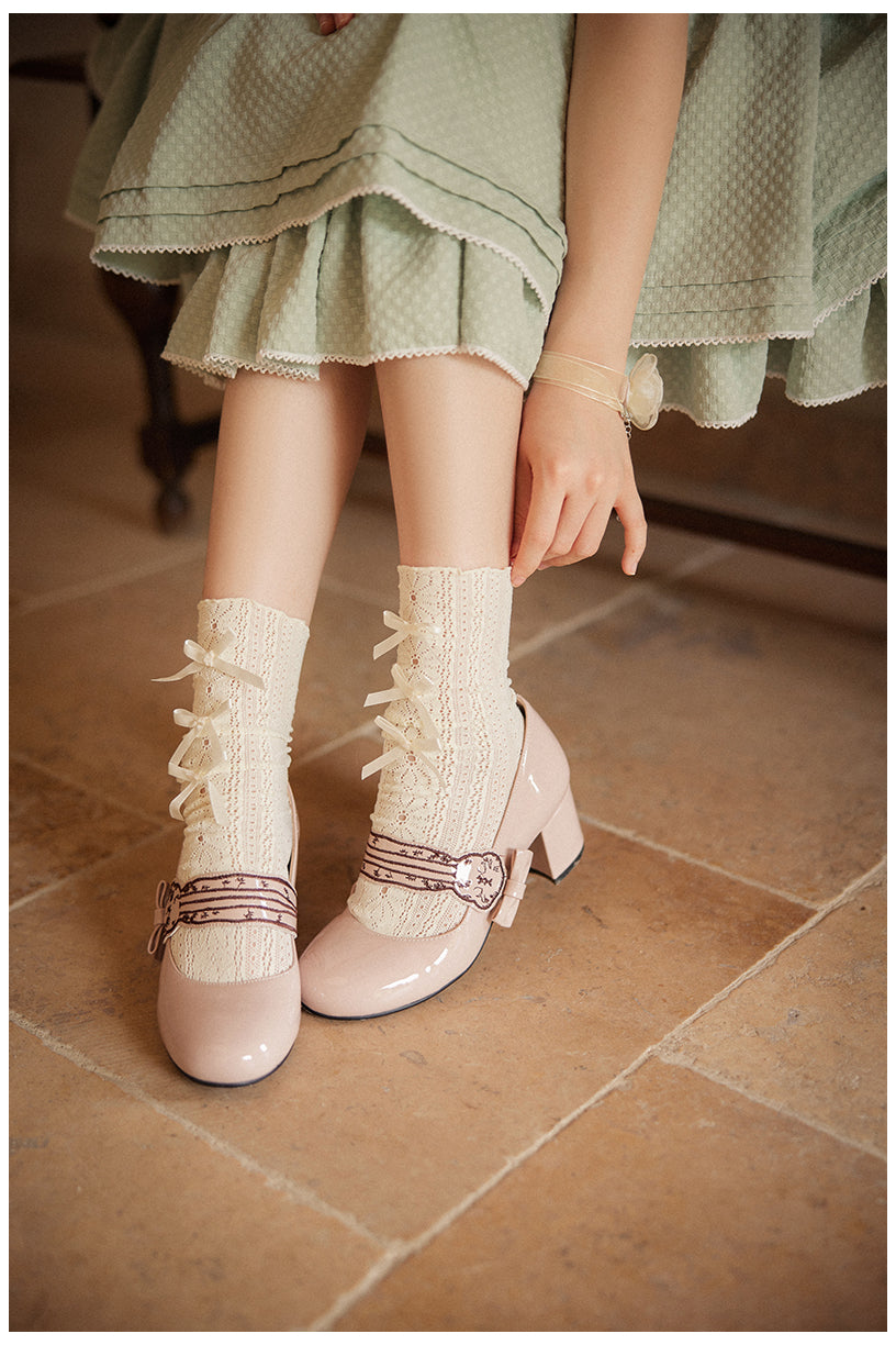 Mumu~Embroidery Rabbit~Kawaii Lolita Mid-Heeled Bows Shoes Multicolors   