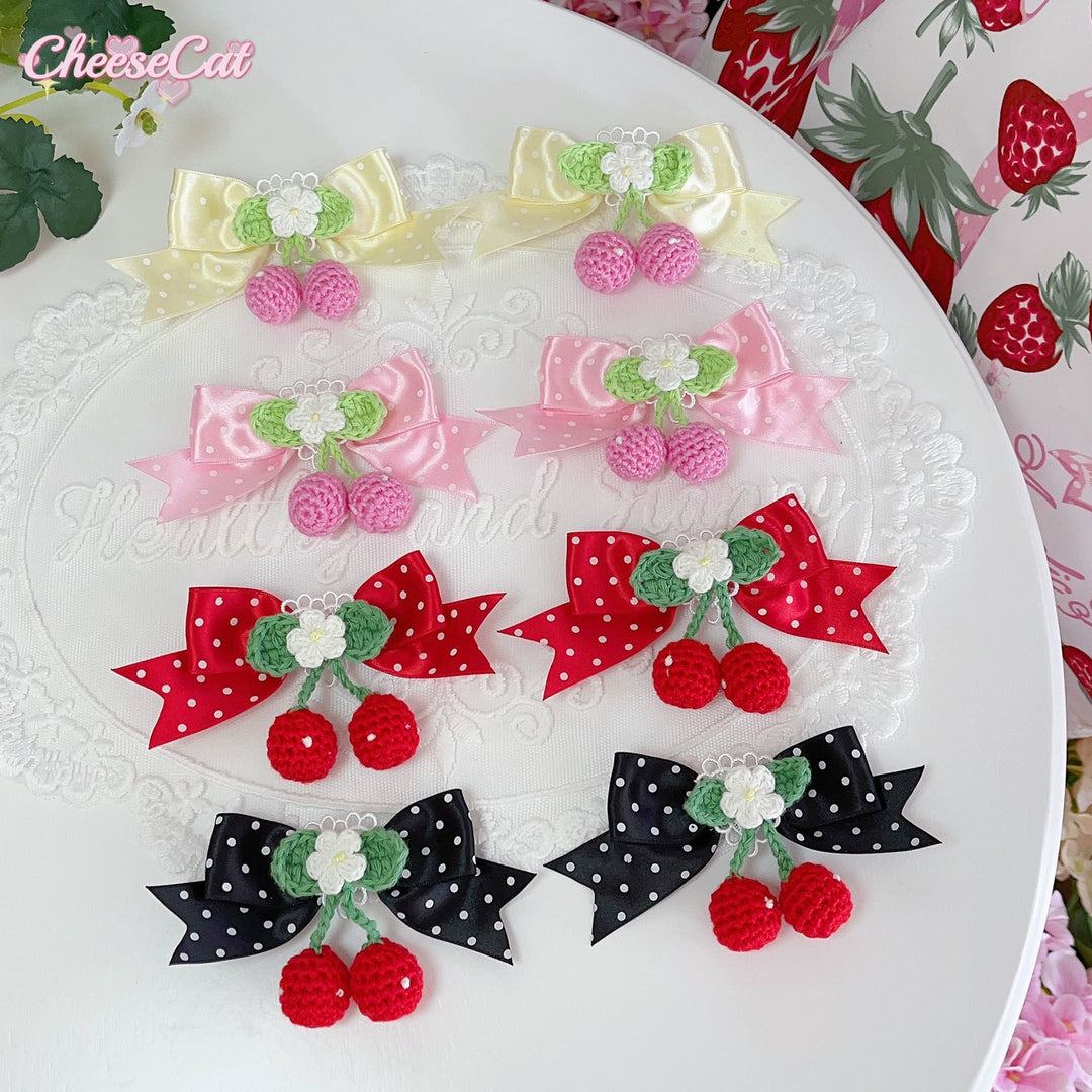 Cheese Cat~Sweet Lolita Headdress Ribbon Strawberry Hair Clip Cherry Clips One black hair clip (not one pair)  