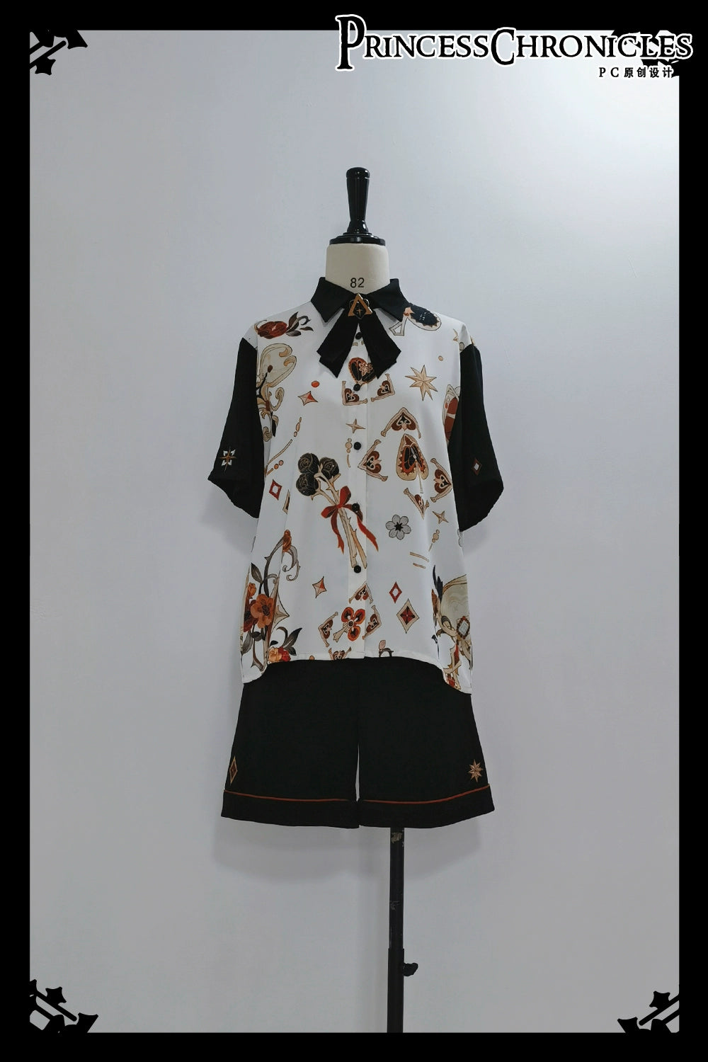 Princess Chronicles~Floral Intoxication~Retro Ouji Lolita Shirt Floral Short Sleeve Shirt and Embroidered Black Shorts S printed shirt 