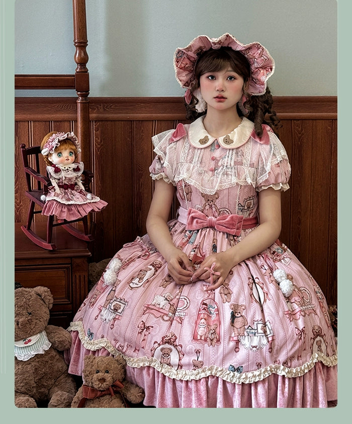 Alice Girl~Bear Doll Wall~Sweet Lolita OP Lovely Bear Print Dress   