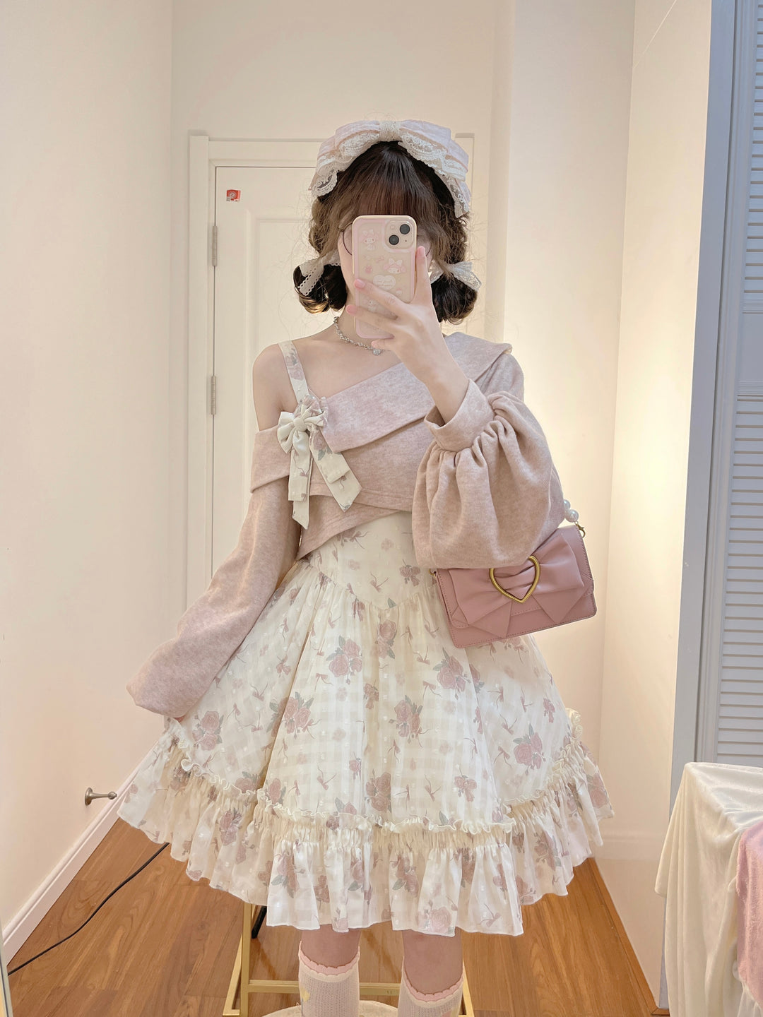 KuMa Lolita～Twilight Rose~Sweet Lolita Dress Sweater and JSK S pink short dress+pink sweater