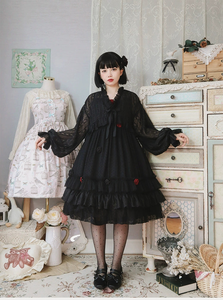 Sakurada Fawn - Spring Breeze - Plus Size Spring Lolita JSK Dress with Rose Decoration Black JSK Only S