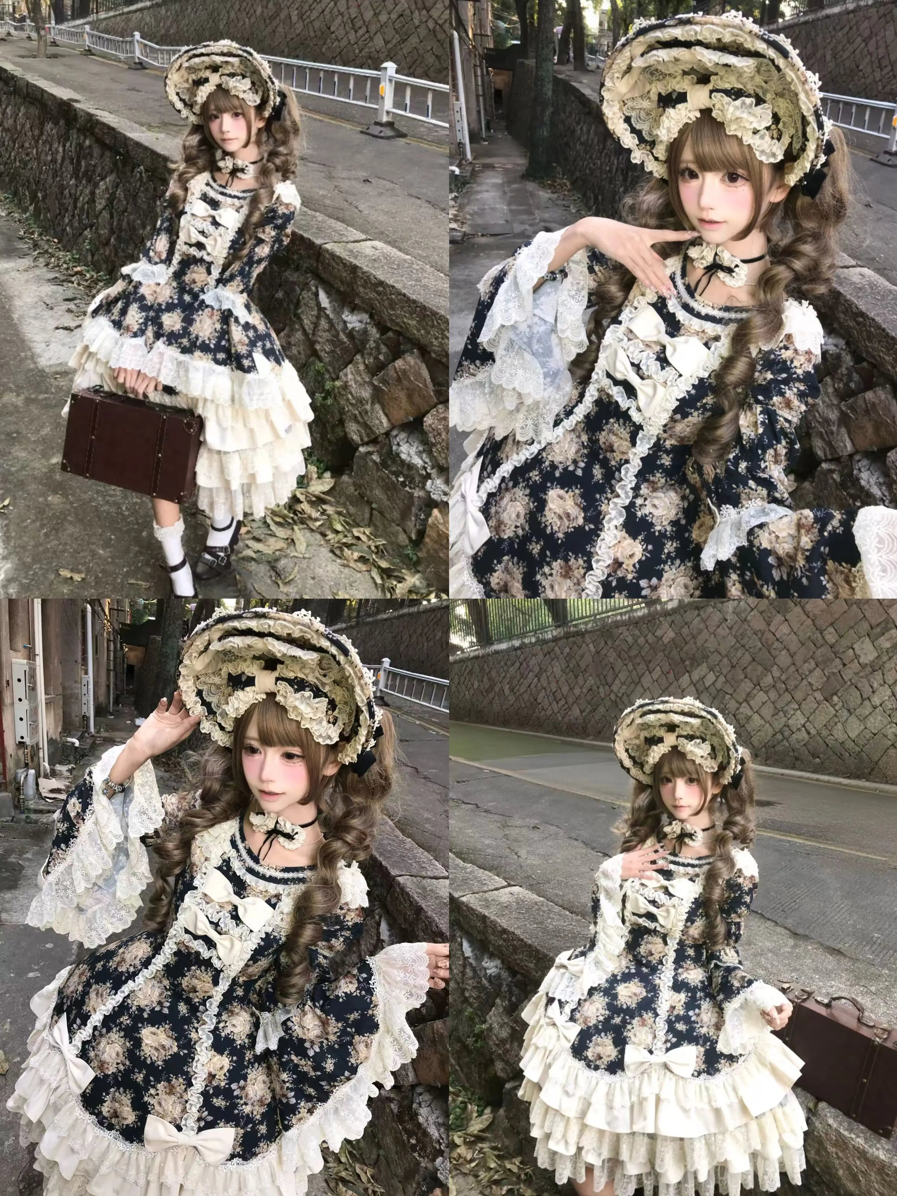 Diana Rose Wall - Old School Lolita Rose Print OP Dress, Side Zipper 44903:827183