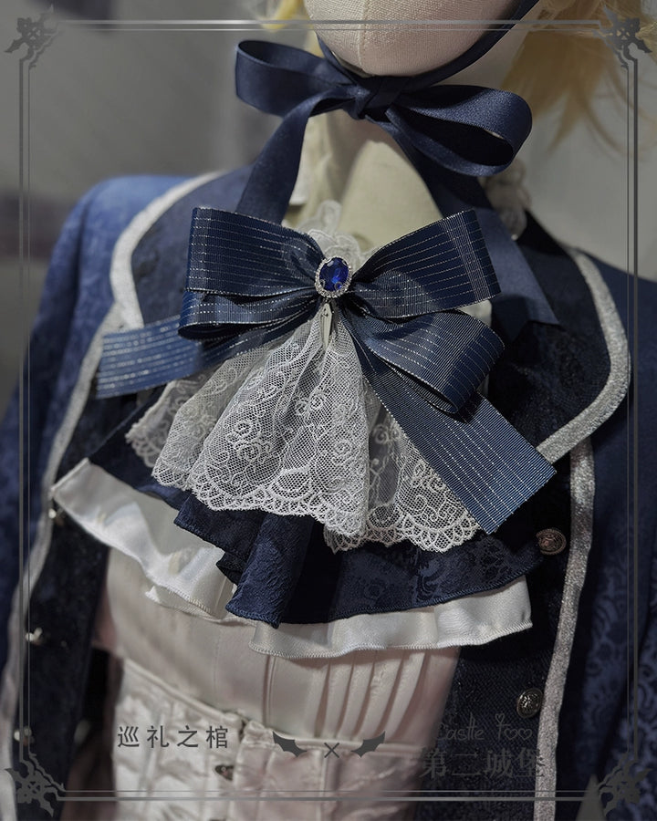 CastleToo~Coffin of Pilgrimage~Ouji Lolita Shorts Suits Prince Male Lolita Shirt Free size White and blue jabot + blue bow tie 