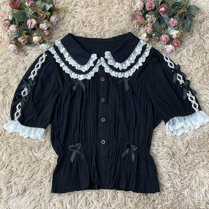 DMFS Lolita~Sweet Lolita Shirt Doll Collar Blouse High-waisted S Black and white lace short sleeve 