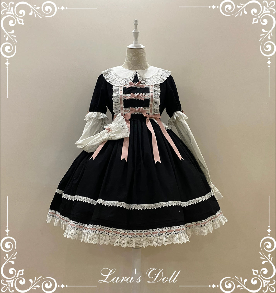 (BFM)Little Bear~Laura's Doll~Vintage Lolita Dress Cotton OP JSK Splicing Sleeves Black and pink OP S 