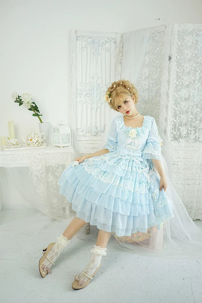 Dawn Wedding - Sweet Lolita OP Dress, Layered Hem Blue - OP + 1 Waist Tie + 1 Waist Bow + 8 Hem Bows L