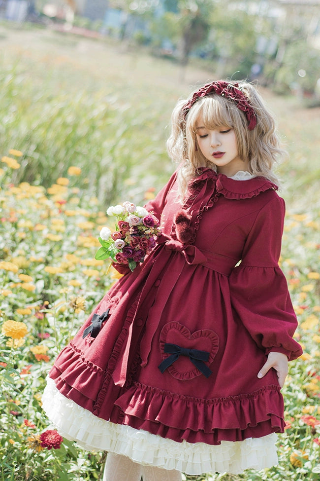 Dawn and Morning~Winter Lolita Coat Lovely Lolita Wool Coat Dress L Burgundy 