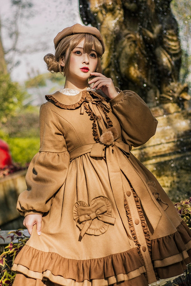 Dawn and Morning~Winter Lolita Coat Lovely Lolita Wool Coat Dress L Brown 