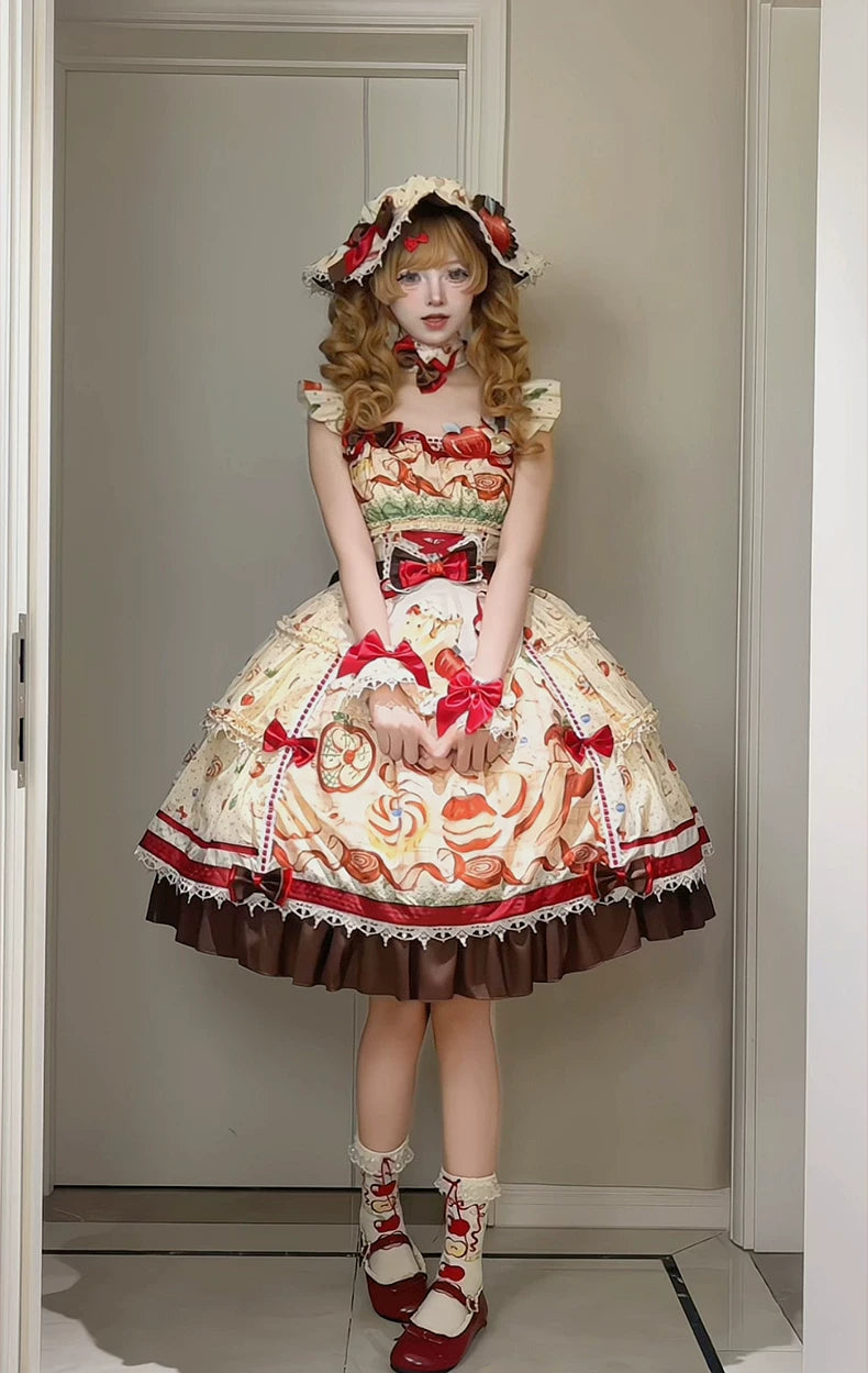 Maple Apple Tart - Sweet Lolita JSK Dress Set, Apple Pie Print 46100:875111