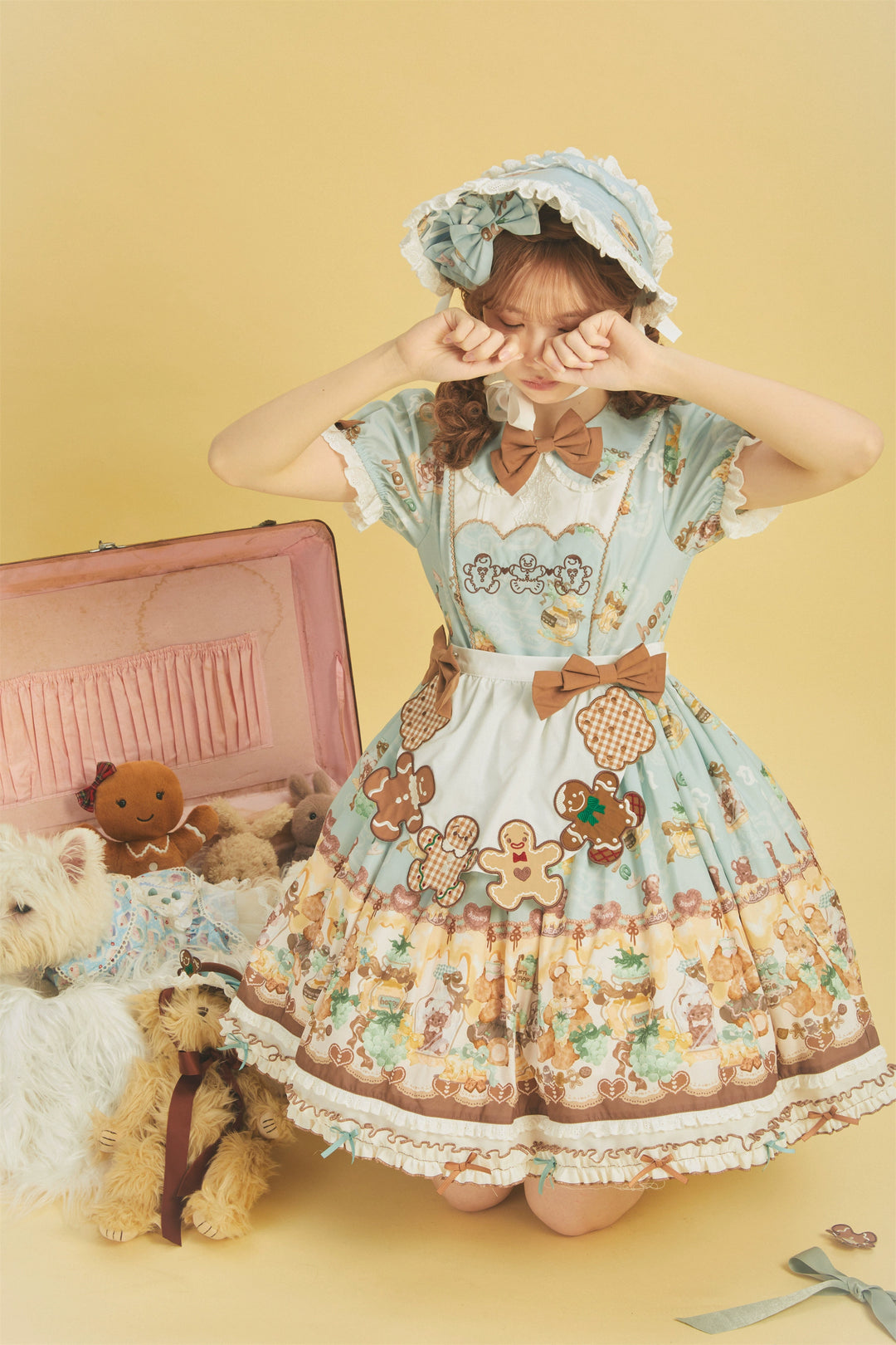 Babyblue~Little Bear Honey Jar~Kawaii Lolita Short Sleeve OP Gingerbread Man Embroidered Dress   