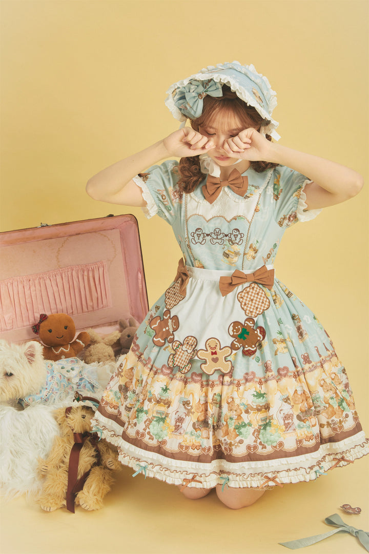 Babyblue~Little Bear Honey Jar~Kawaii Lolita Short Sleeve OP Gingerbread Man Embroidered Dress 40362:656960