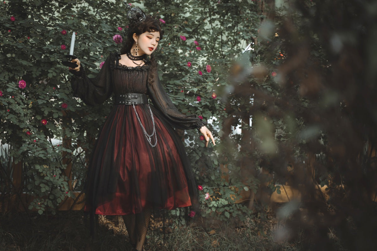 Cornfield Lolita~The Girl Assassin~Halloween Gothic Lolita Irregularly Hemline Dress S long version-red 