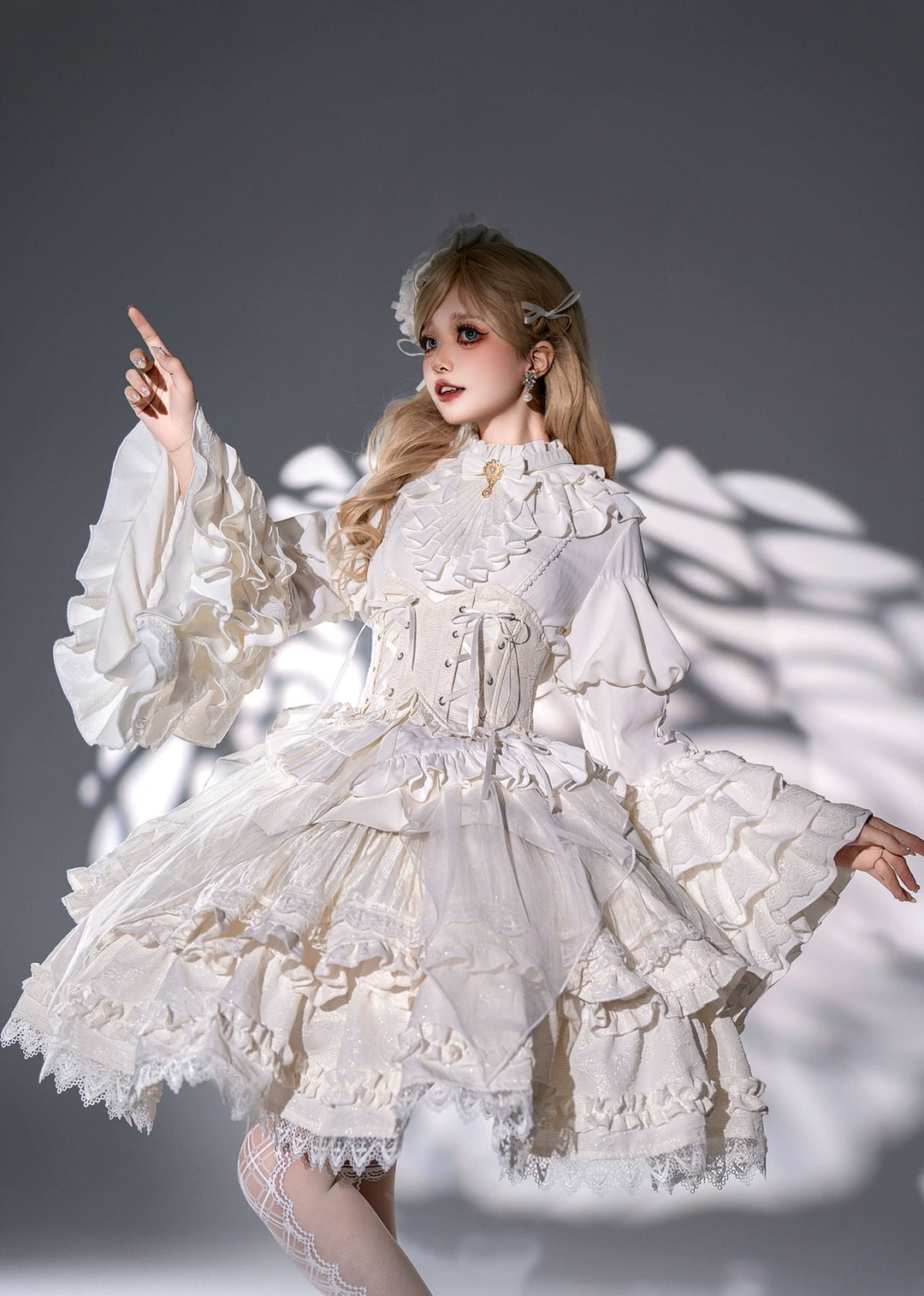 DMFS Lolita~Good and Evil Angel~Gothic Lolita SK Set Retro Princess Sleeve Blouse