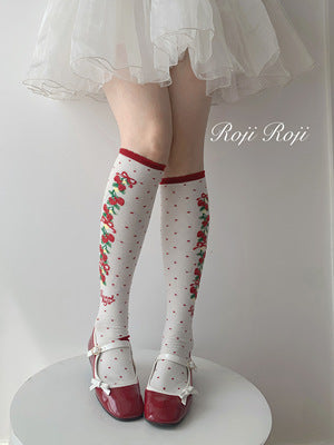 Roji Roji~Autumn Sweet Lolita Cotton Thigh-high Socks red calf socks free size 