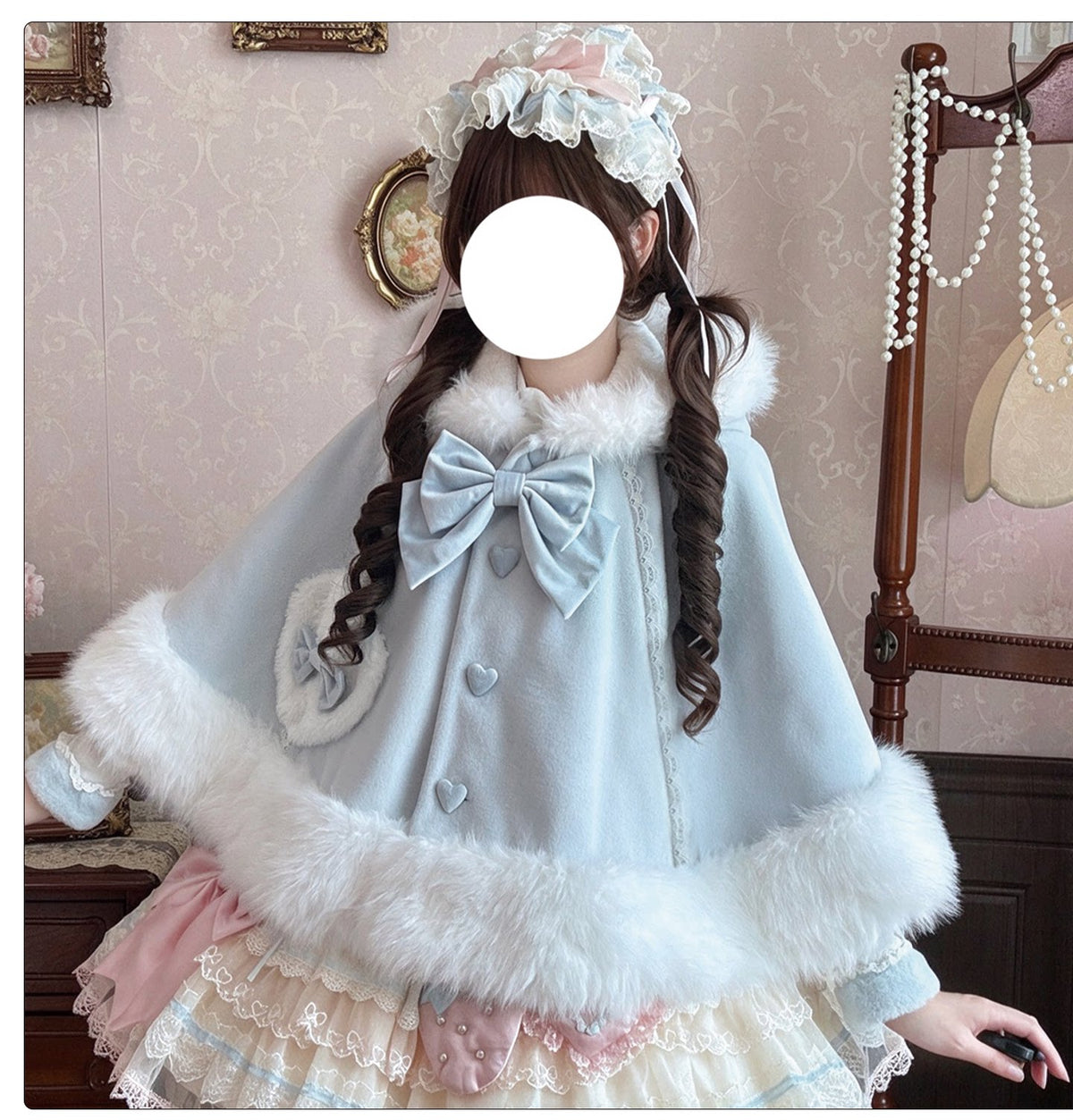 Floppy Bunny Ear -Sweet Lolita Winter Fleece-Lined Cape Coat with Bunny Ears Blue Cape Coat