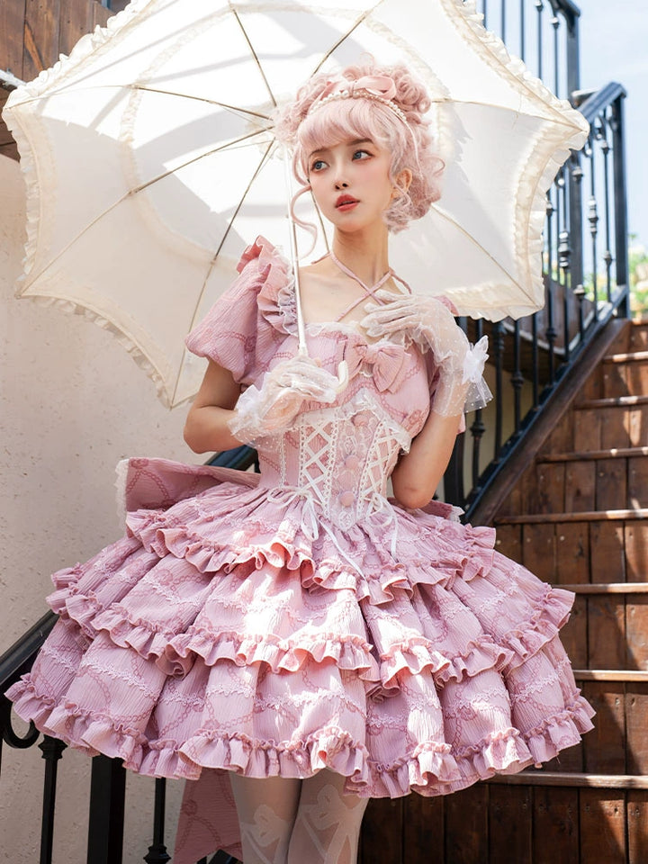 OCELOT~Puff Rose~Sweet Lolita OP Princess Bow Trailing Lolita Dress   