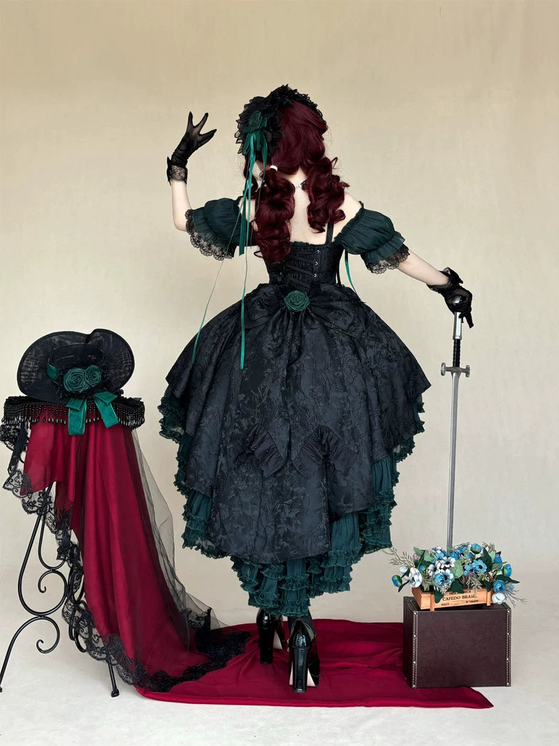 Rose Banquet - Gothic Lolita Boned Bust-supporting JSK Dress, High-low Hem 45815:863599