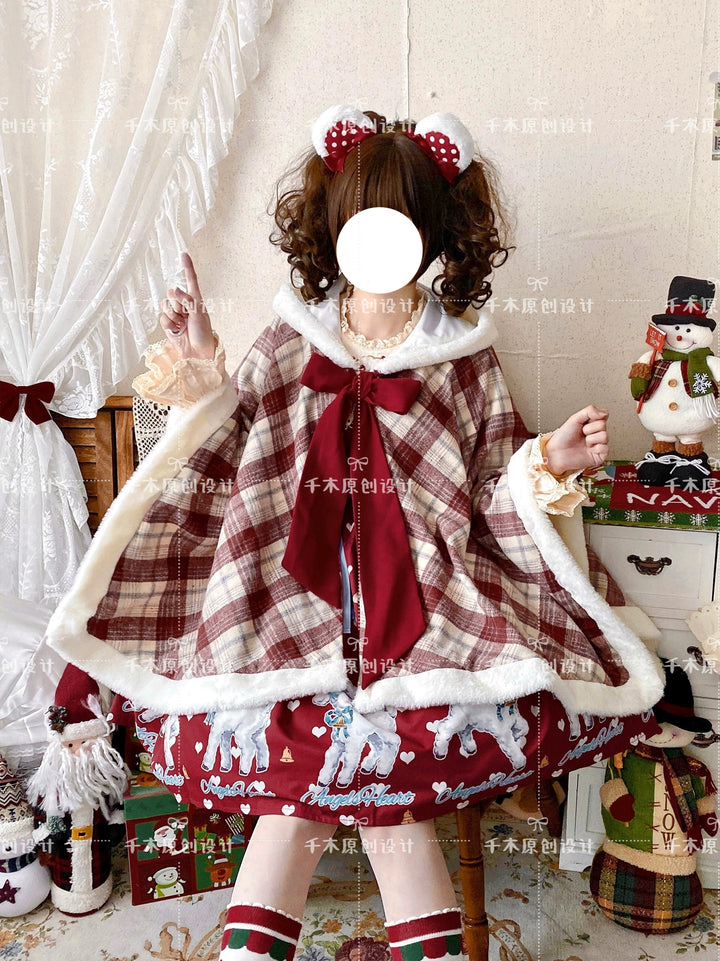 Qianmu~Waffle~Kawaii Lolita Cape Daily Lolita Plaid Hoodie Cloak