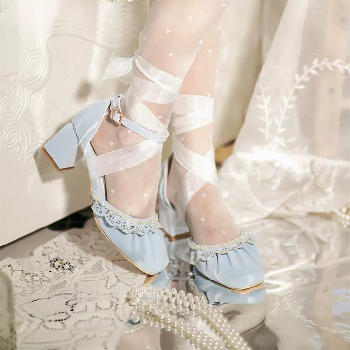 MR.Qiutian~Dance of Camellia~Elegant Lolita Chunky Shoes 5CM Heel Pearl Decoration   