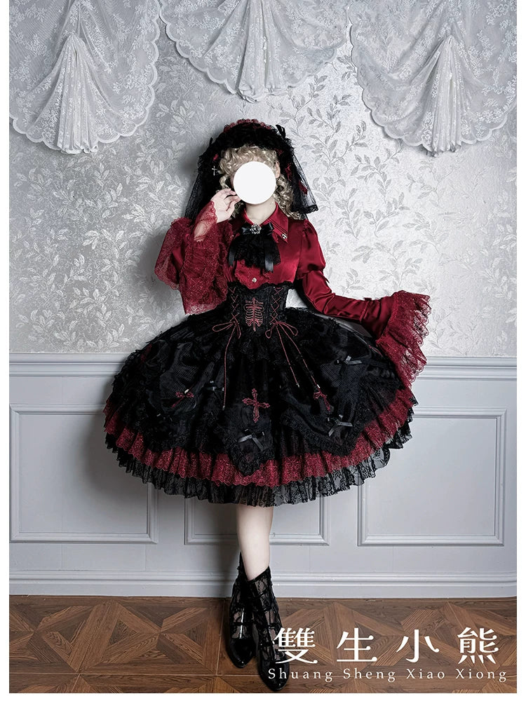 Dark Fog Feast - Gothic Lolita Bust-support Strap Dress, Lace & Cross 45256:842572