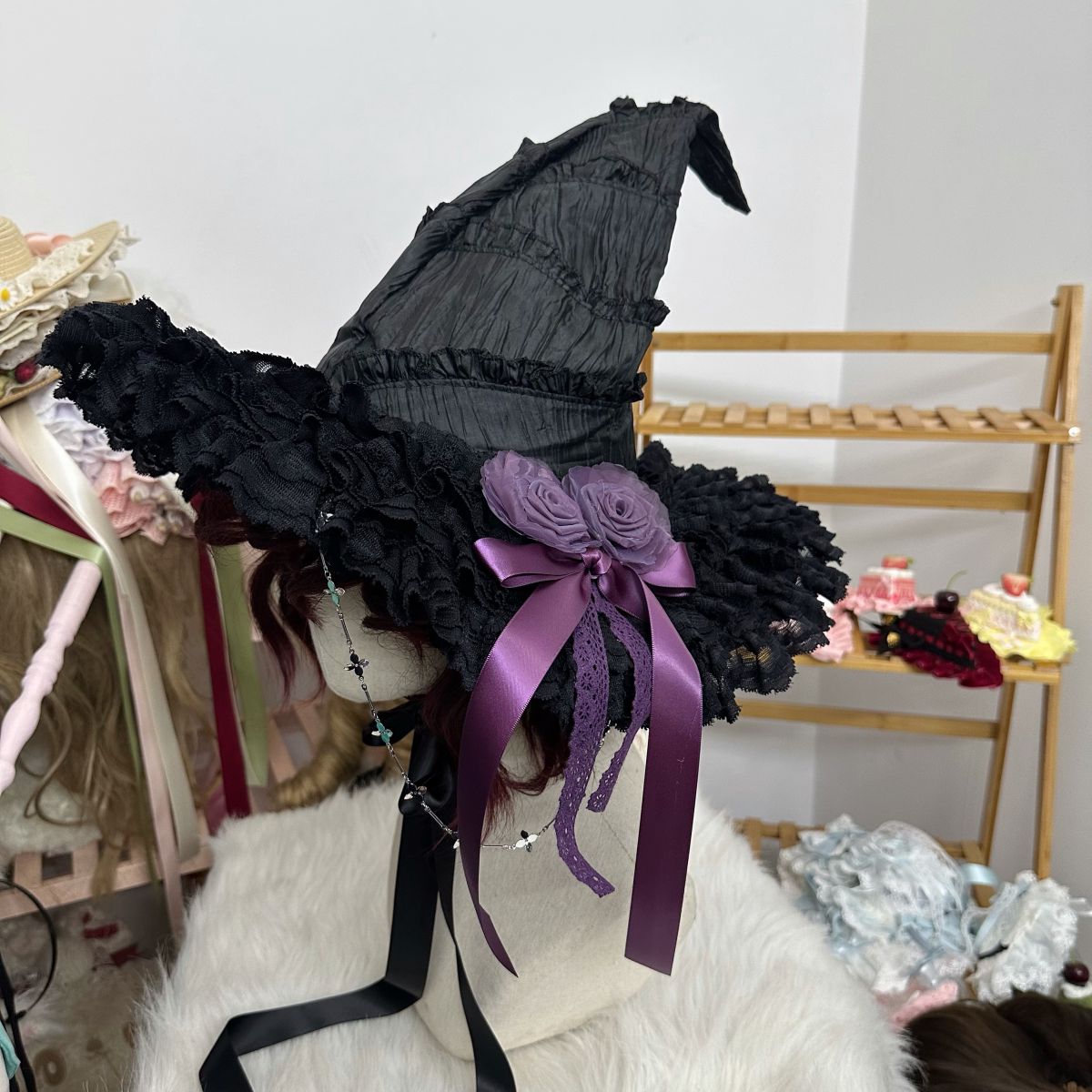 Gothic Lolita Witch Hat with Rose Bow Witch Hat + Dark Purple Rose