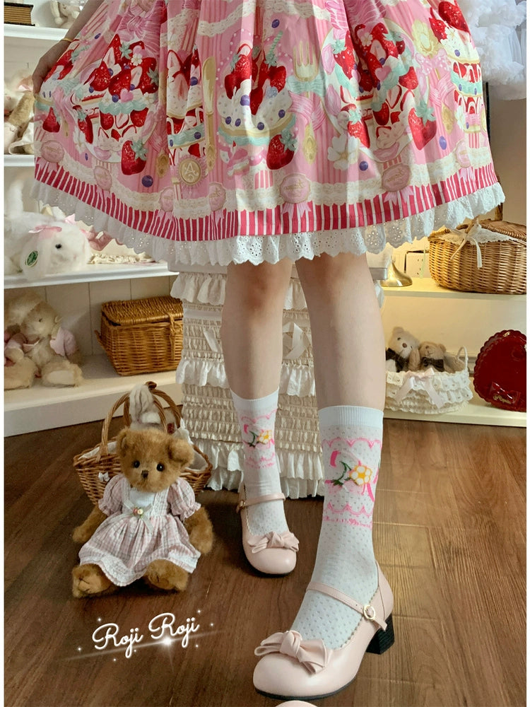 Roji Roji - Sweet Lolita Socks, Strawberry Print Pink One Size