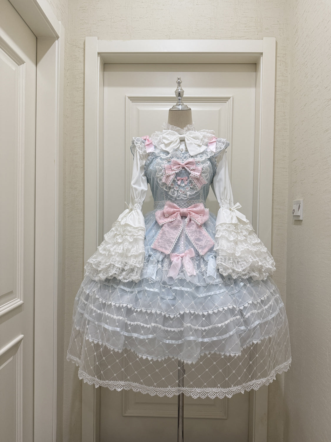 Hanguliang - Spring Awakening - Sweet Lolita JSK and Princess-Sleeved Shirt with Lace Detail Blue - JSK Only S