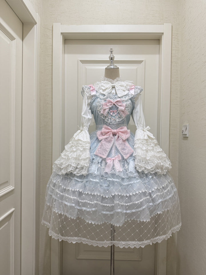 Hanguliang~Spring Awakening~Sweet Lolita JSK and Princess-Sleeved Shirt with Lace Detail Blue - JSK Only S