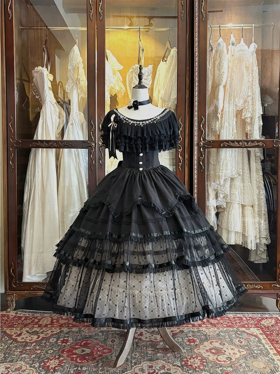 Unnamed Dusk Poem - Classic Lolita OP Dress, Tulle Skirt with Cross Accent OP Only (with detachable pearl chain) S