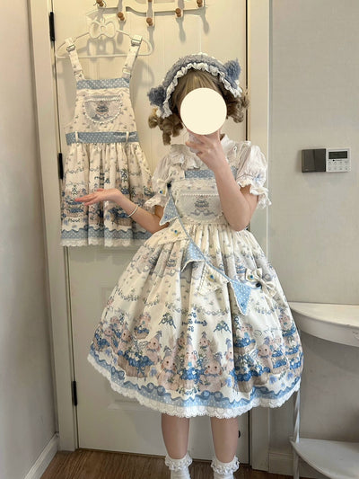 Akiyama Future Studio~Blueberry Tart Party~Sweet Blue Lolita Salopette Dress Blueberry Tart Print JSK Dress   