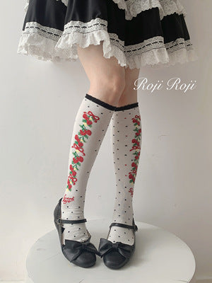 Roji Roji~Autumn Sweet Lolita Cotton Thigh-high Socks black calf socks free size 