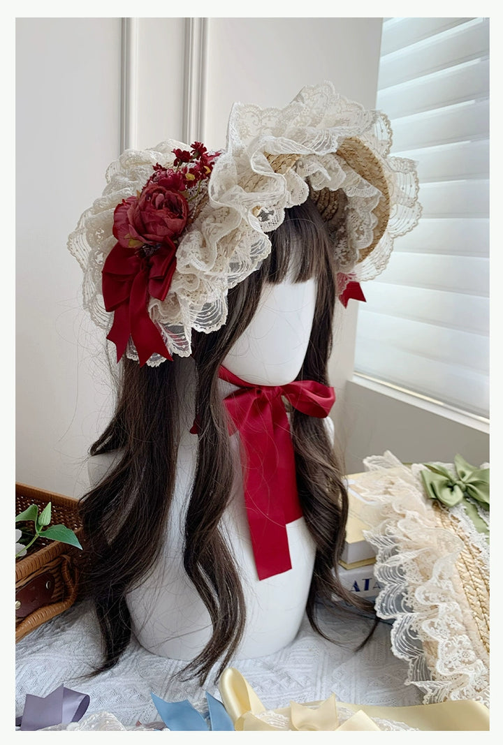 With PUJI~Floral Language~Country Lolita Lace Bow Flat Cap Straw Hat   