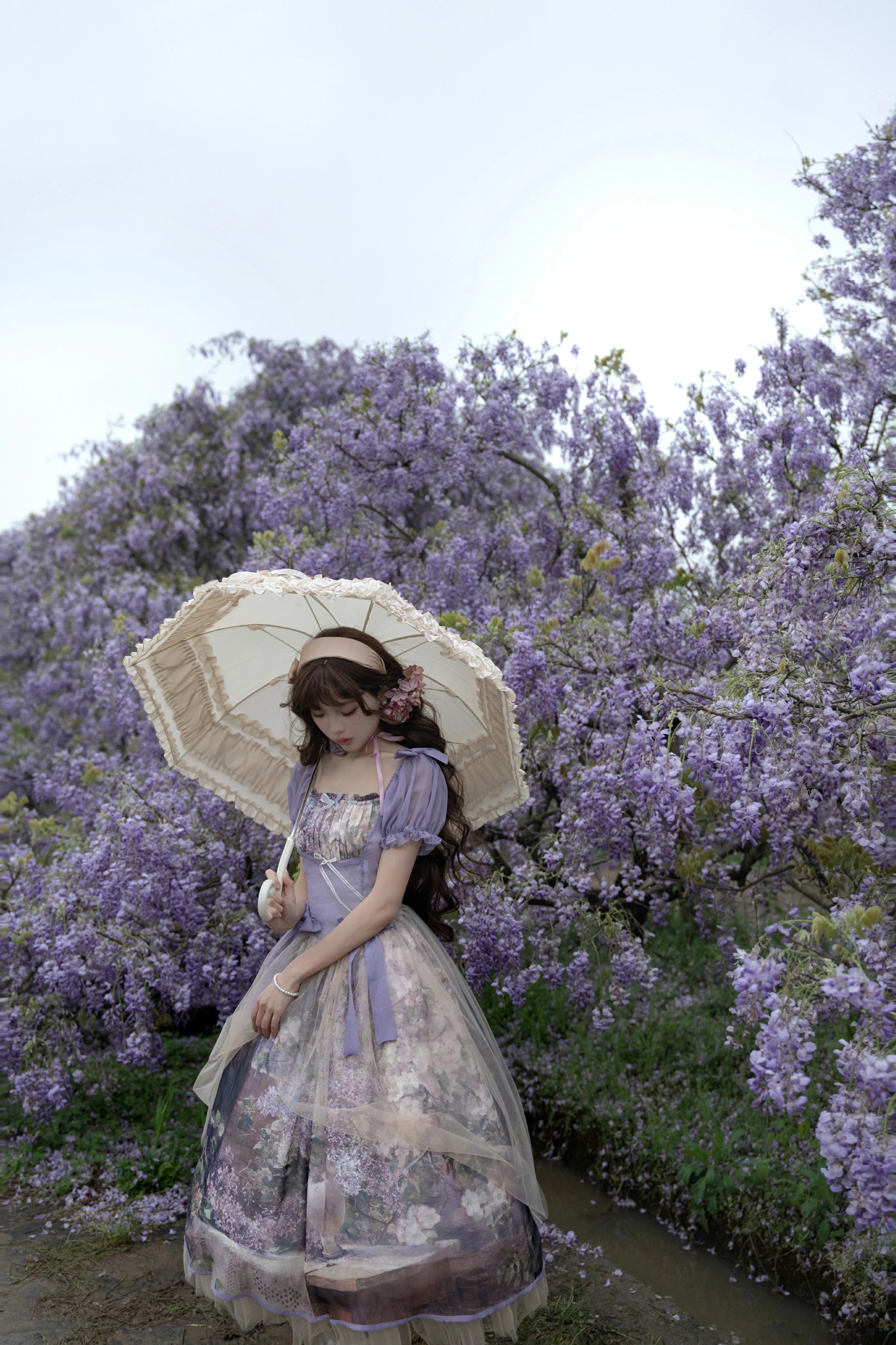 Cyan Lolita - Blooming Tree Shade - Elegant Lolita OP Oil Painting Print Bow Dress