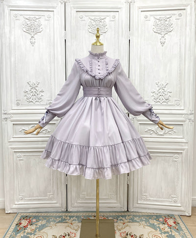 Little Dipper~Windsor Princess~Elegant Lolita Dress Stand Collar OP Dress Multicolors S grey purple wide waistband short dress 