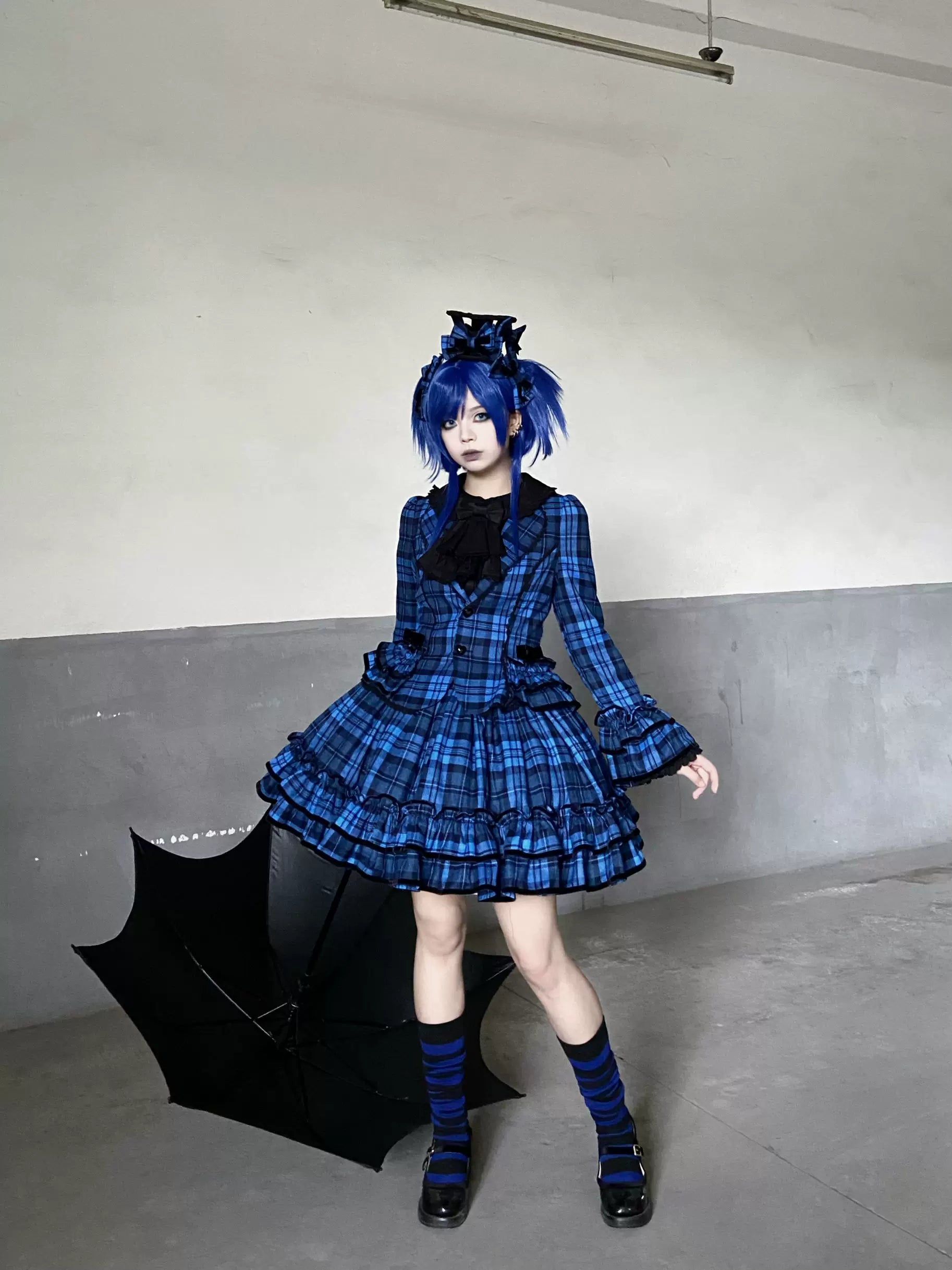 Chris's Notes - Old School Lolita Plaid Coat Set, Tiered Skirt Blue Skirt (requires purchase as a set) S