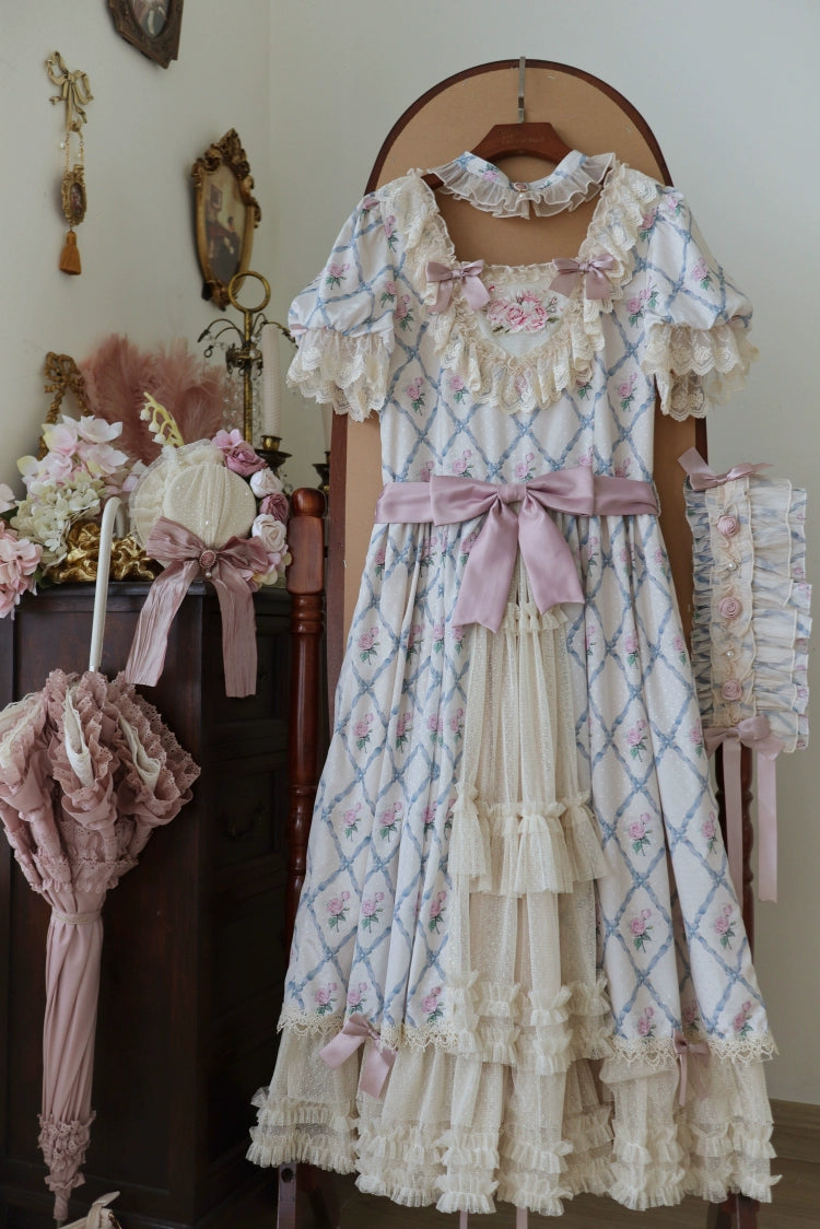 Moon River~Elegant Lolita OP Dress Short Sleeve Square Neckline Print Dress S Square collar OP dress - short style 