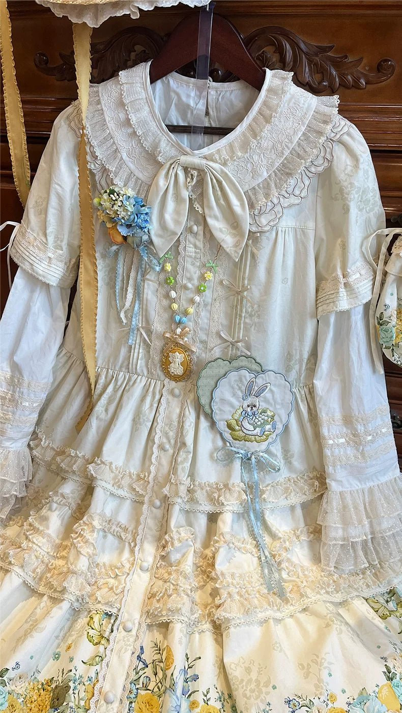Flower Rabbit Bear - Country Lolita Tiered Skirt Dress, Floral & Bear Print