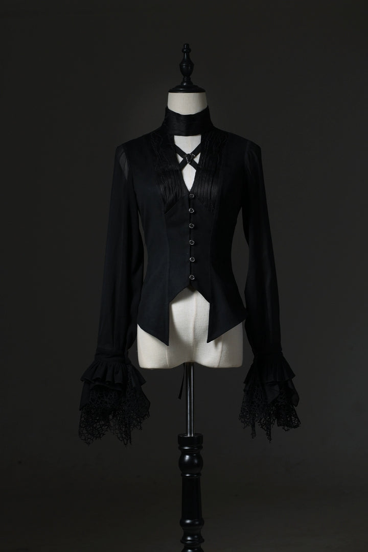 LilithHouse~Horror House~Gothic Lolita Blouse Patchwork V-neckline Black Shirt Blouse only - semi-transparent sleeves XS