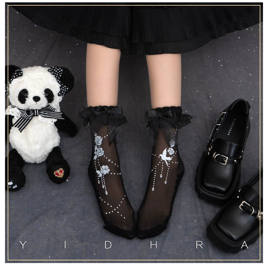 Yidhra~Nightingale and Rose~Gothic Lolita Socks Rose Lace Socks One size fits all Black - Gorgeous version 