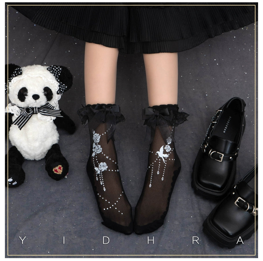 Yidhra - Nightingale and Rose - Gothic Lolita Socks Rose Lace Socks One Size Black - Gorgeous version