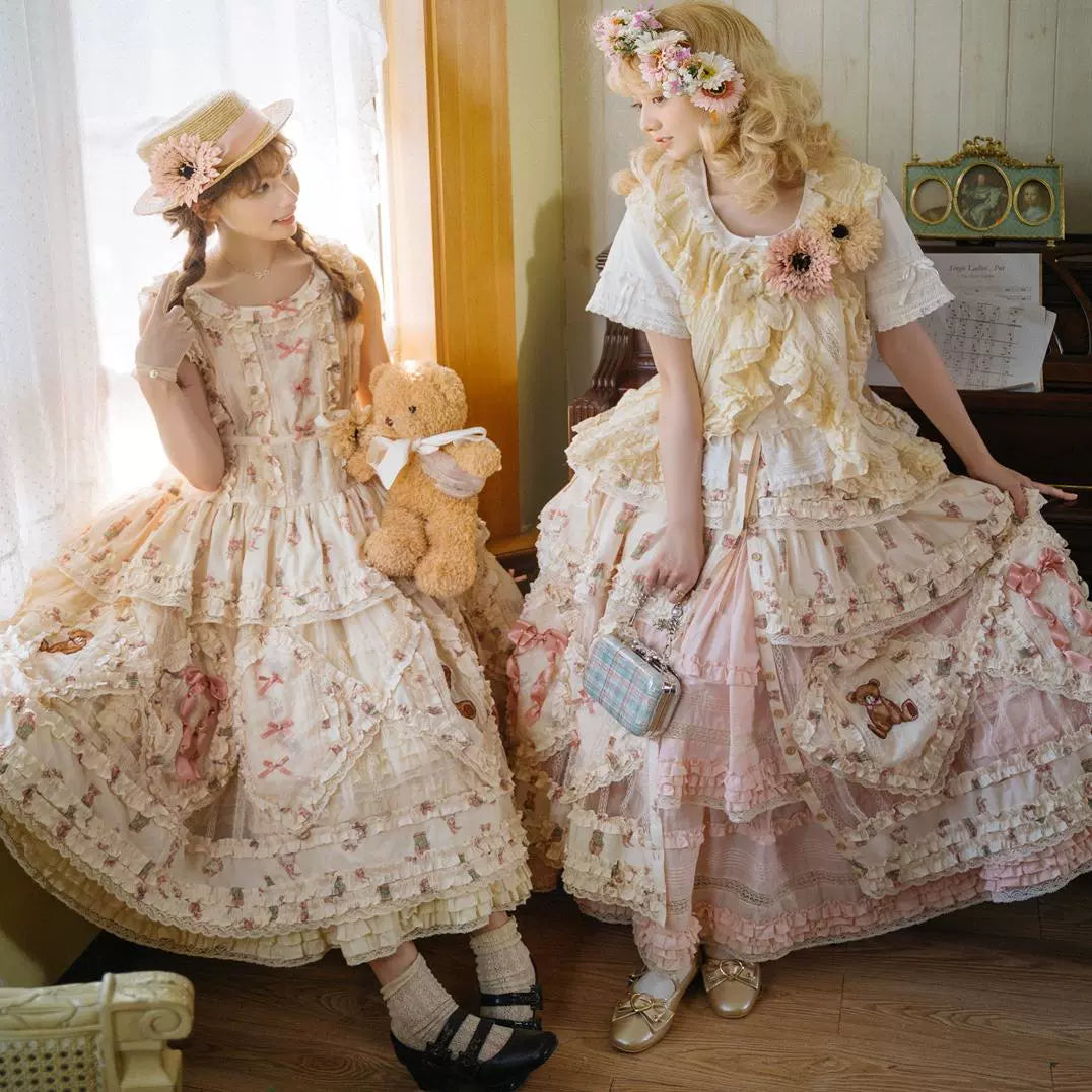 MONO GIRL~Rottengburg Bear~Sweet Lolita JSK Print Hollow-out Ruffles Dress 40730:674860