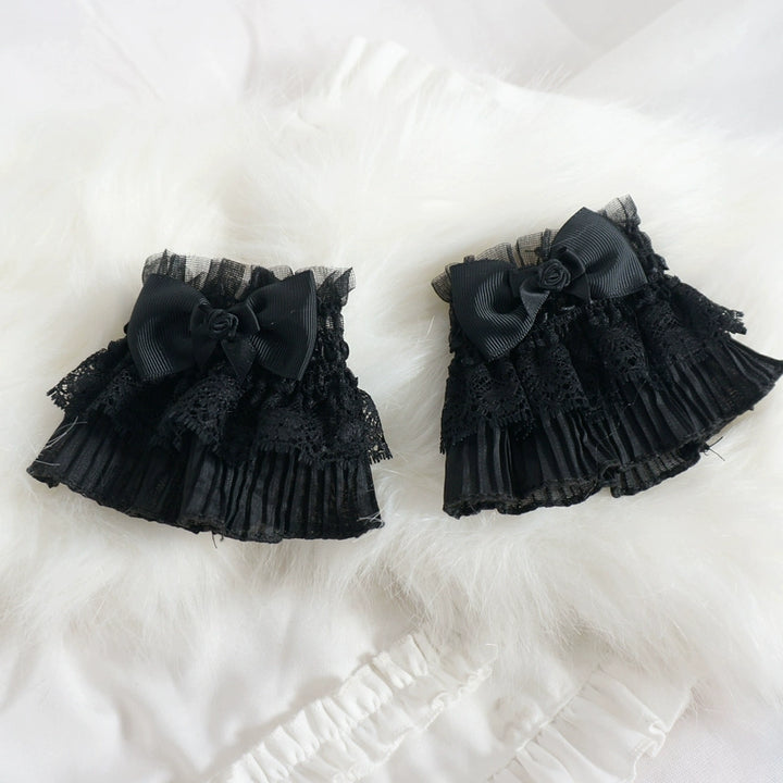 MaoJiang Handmade~Gothic Lolita Cuffs Black Rose Lace Cross Stretch Handcuff Rose Black Cuffs(Pair) Elastic  