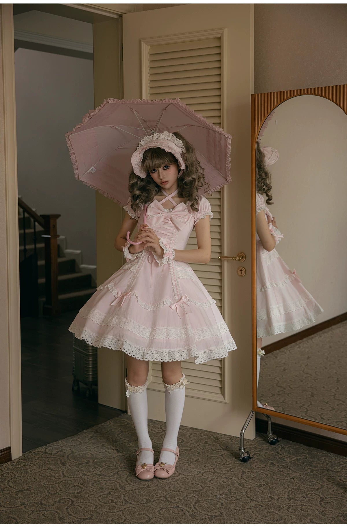 Showa Sweetheart - Old School Lolita OP Dress, Ruffled Lace Hem 45887:866771