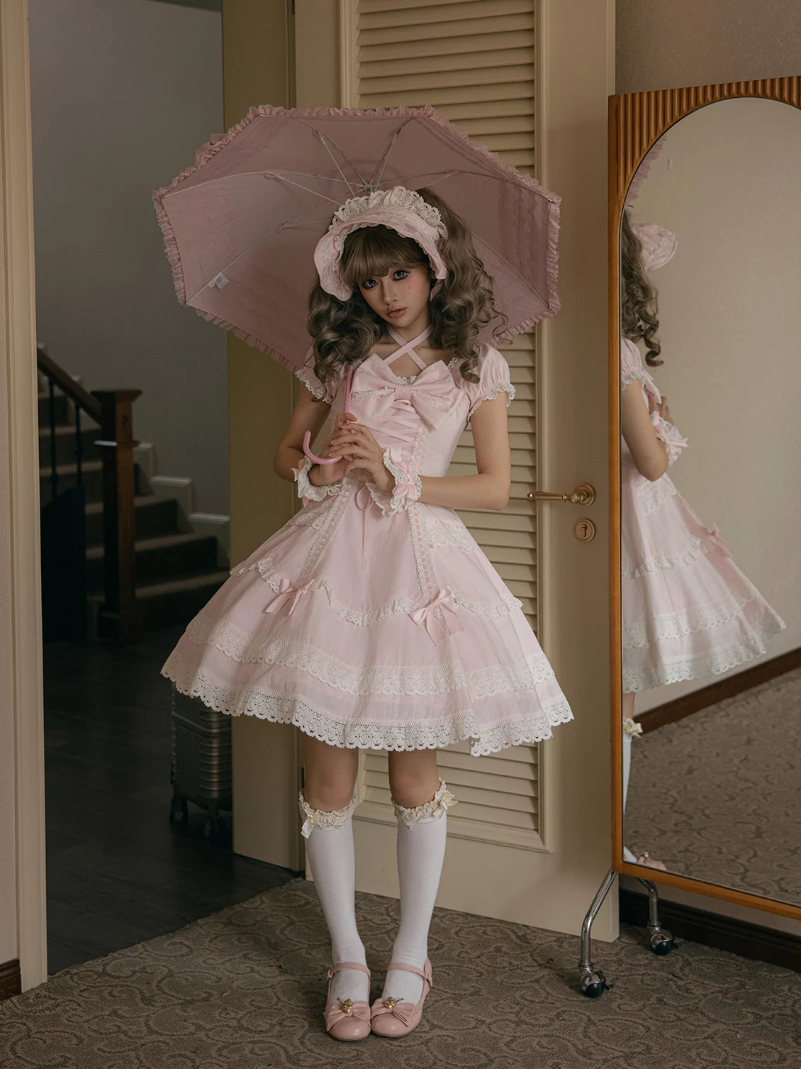 Showa Sweetheart - Old School Lolita OP Dress, Ruffled Lace Hem 45887:866802