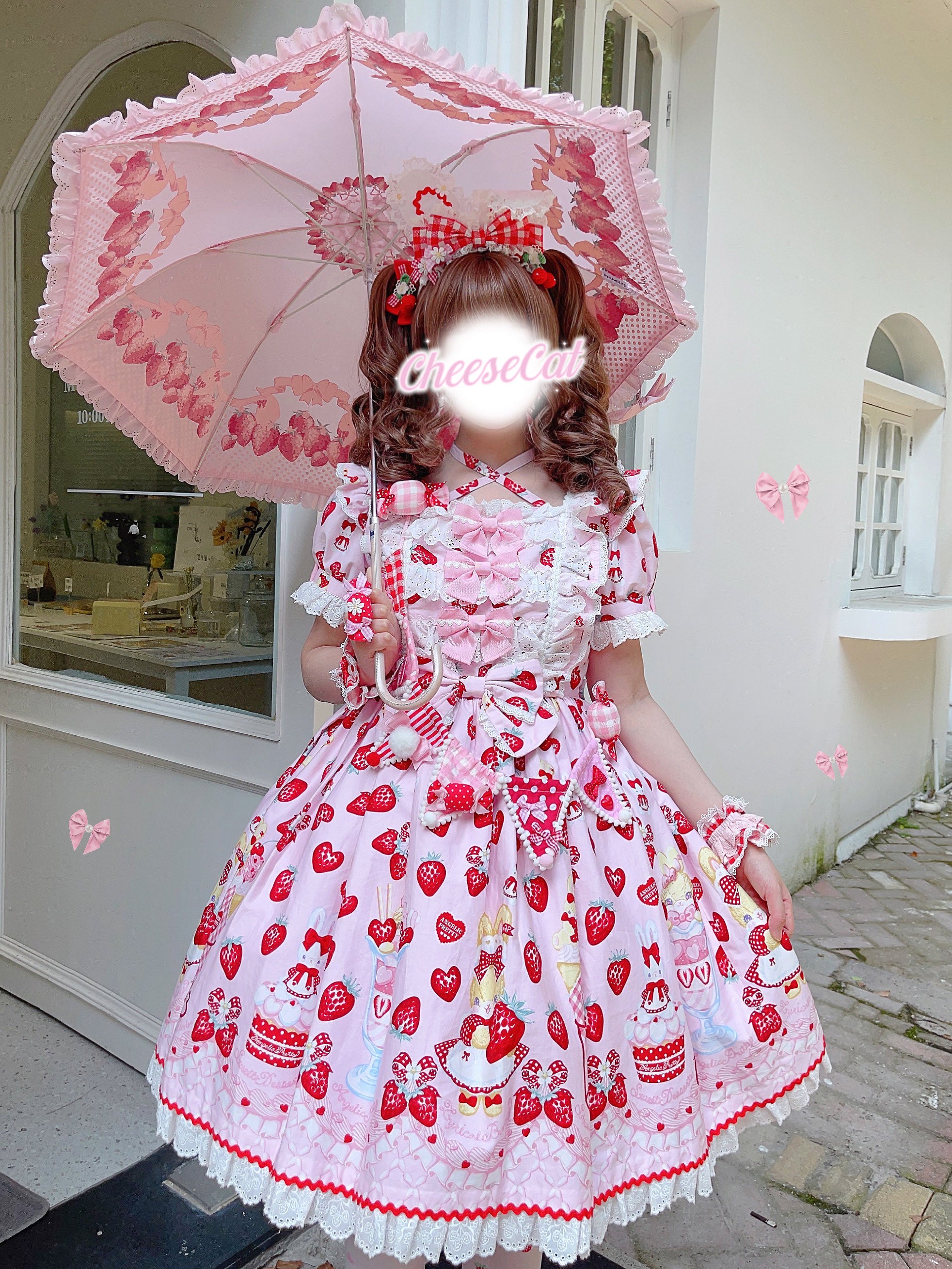 Cheese Cat - Sweet and Playful Strawberry Gingham Lace Cuffs