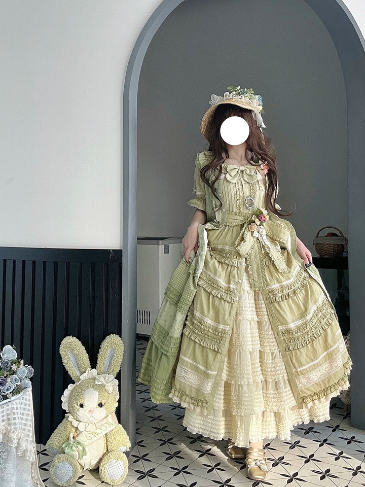 Miss Point~Cat Rose Tea~Elegant Lolita OP Open-front Short Sleeve Tiered Dress 42135:727797