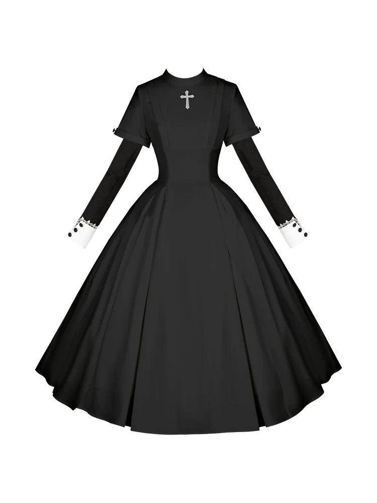 Nihil - Gothic Nun Lolita OP Dress, Irregular Hem Cape 44717:819761