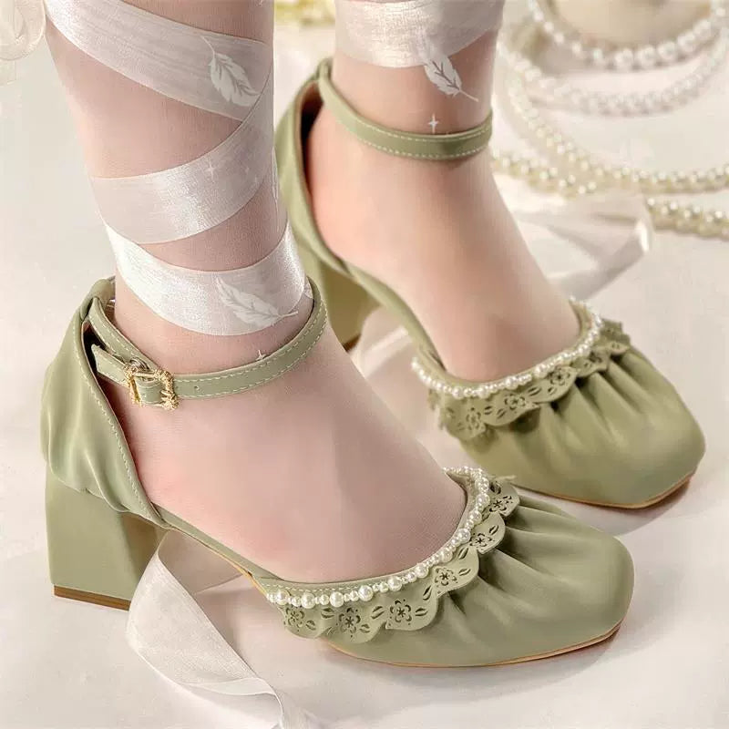 MR.Qiutian~Dance of Camellia~Elegant Lolita Chunky Shoes 5CM Heel Pearl Decoration 35 Green 